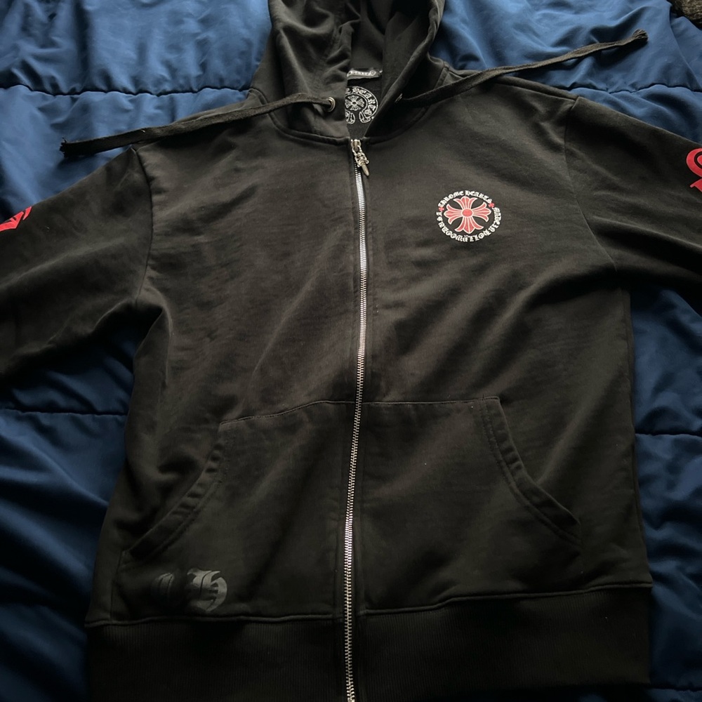 Black Zip-Up Hoodie with Red Accents